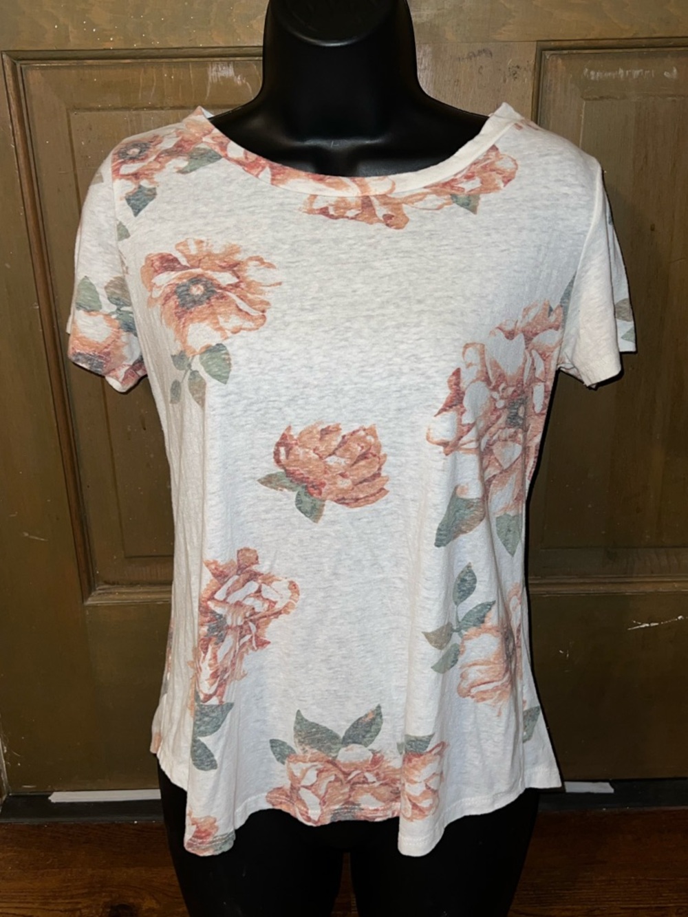 E. Luna Floral Short Sleeve Cream Pink Rose Print Y2K Chic Fitted Shirt Size M